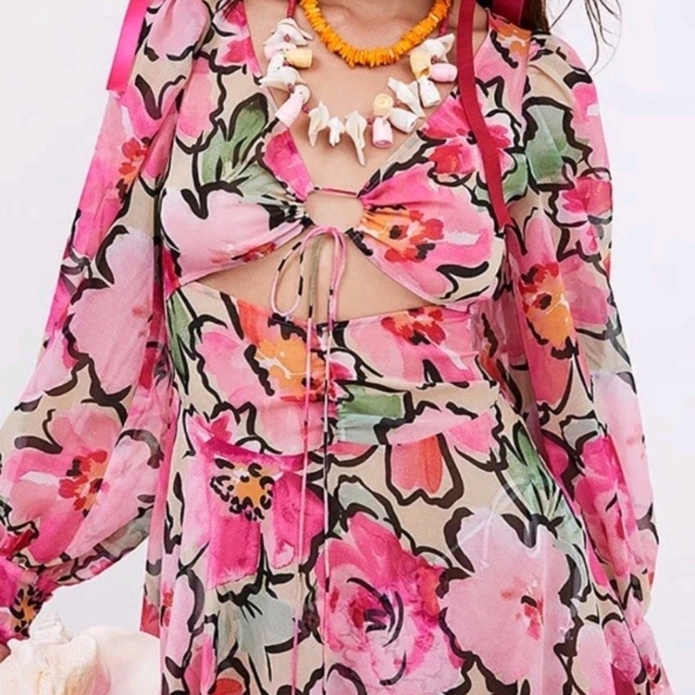 For Love & Lemons Tiana Printed Flowy Ruffles Sheer Tie Front Midi Dress S Pink - Picture 4 of 11